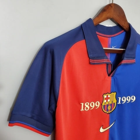 Camisa Barcelona 100 Anos Retrô 1999 Azul e Grená